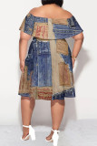 Blue Coffee Sexy Faux Denim Print Contrast Off Shoulder Printed Plus Size Dresses