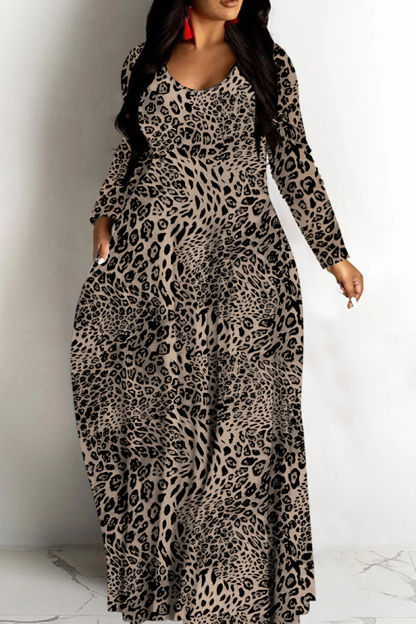 Brownness Casual Print Basic V Neck Long Dresses