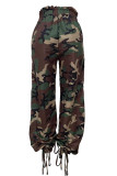Army Green Casual Camouflage Print Draw String Pocket Patchwork Strap Design Harlan Mid Waist Harlan Full Print Bottoms