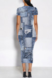 Blue Coffee Casual Street Faux Denim Print Contrast O Neck Printed Short Sleeve Dress