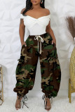 Army Green Casual Camouflage Print Draw String Pocket Patchwork Strap Design Harlan Mid Waist Harlan Full Print Bottoms