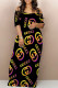 Black Sexy Letter Print Flowers Contrast V Neck Printed Dresses