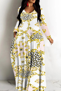 White Gold Casual Print Basic V Neck Long Dresses