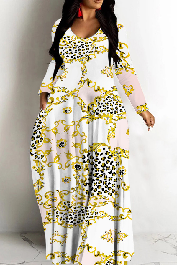 White Gold Casual Print Basic V Neck Long Dresses