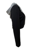 Black Casual Patchwork Zipper Turn-back Collar Outerwear