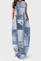 Baby Blue Casual Street Faux Denim Print Pocket Contrast O Neck Sleeveless Dresses