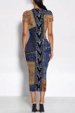 The cowboy blue Casual Faux Denim Print Basic O Neck Short Sleeve Short Sleeve Dress