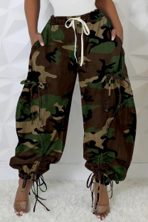 Army Green Casual Camouflage Print Draw String Pocket Patchwork Strap Design Harlan Mid Waist Harlan Full Print Bottoms