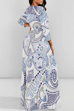 White Elegant Geometric Print Flowers Lace Up Contrast O Neck Printed Dresses
