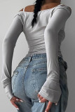 Grey Casual Solid Color Patchwork Backless Off Shoulder Tops