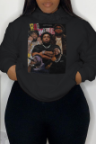 Black Casual Street Figure Print Draw String Pocket Hooded Tops