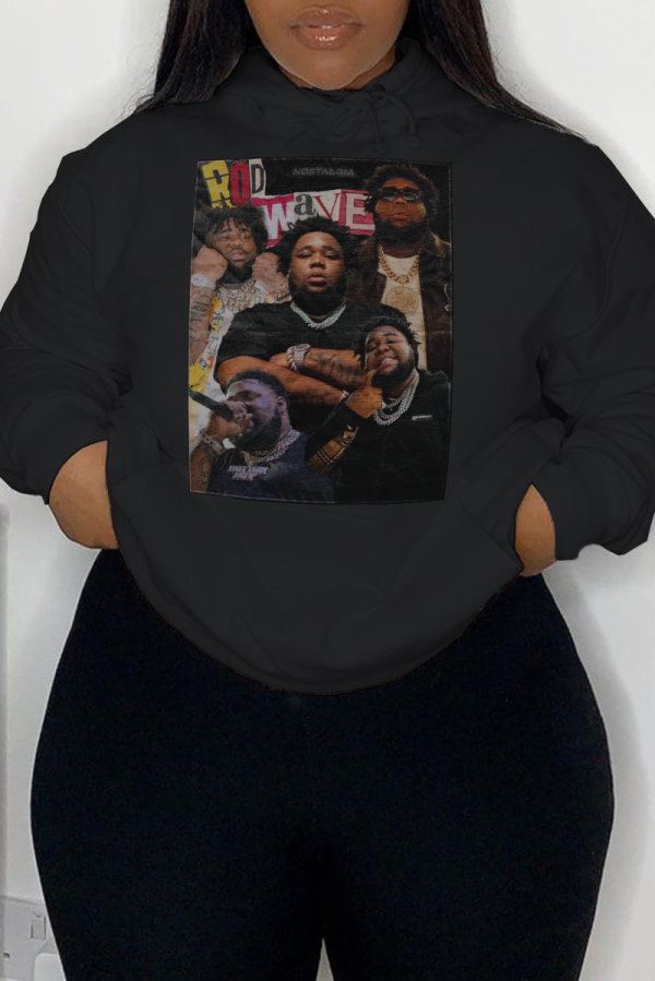 Black Casual Street Figure Print Draw String Pocket Hooded Tops