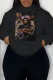Black Casual Street Figure Print Draw String Pocket Hooded Tops