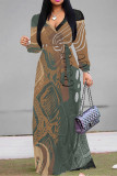 Camel Casual Daily Geometric Print Lace Up Contrast V Neck Printed Dresses