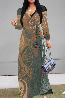 Camel Casual Daily Geometric Print Lace Up Contrast V Neck Printed Dresses