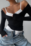 Grey Casual Solid Color Patchwork Backless Off Shoulder Tops
