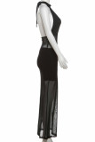 Black Sexy Solid Color Patchwork See-Through Backless Strap Design Halter Long Dresses
