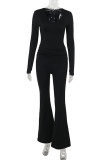 Yellow Casual Solid Color Patchwork V Neck Long Sleeve Two Pieces