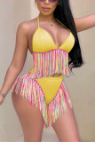 Purple Euramerican Patchwork Tassel Fringed Milk Fiber Two-piece Swimwear