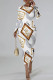 White Gold Street Elegant Geometric Print Letters Contrast O Neck Printed Dresses