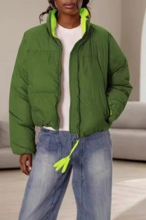 Green Casual Solid Color Patchwork Zipper Contrast Zipper Collar Outerwear