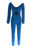 Blue Casual Solid Color Hollow Out Patchwork Ruched Asymmetrical Collar Regular Jumpsuits