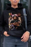 Black Casual Street Figure Print Draw String Pocket Hooded Tops