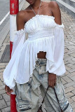 White Sexy Solid Color Patchwork Backless Off Shoulder Tops