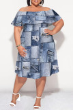 Blue Coffee Sexy Faux Denim Print Contrast Off Shoulder Printed Plus Size Dresses
