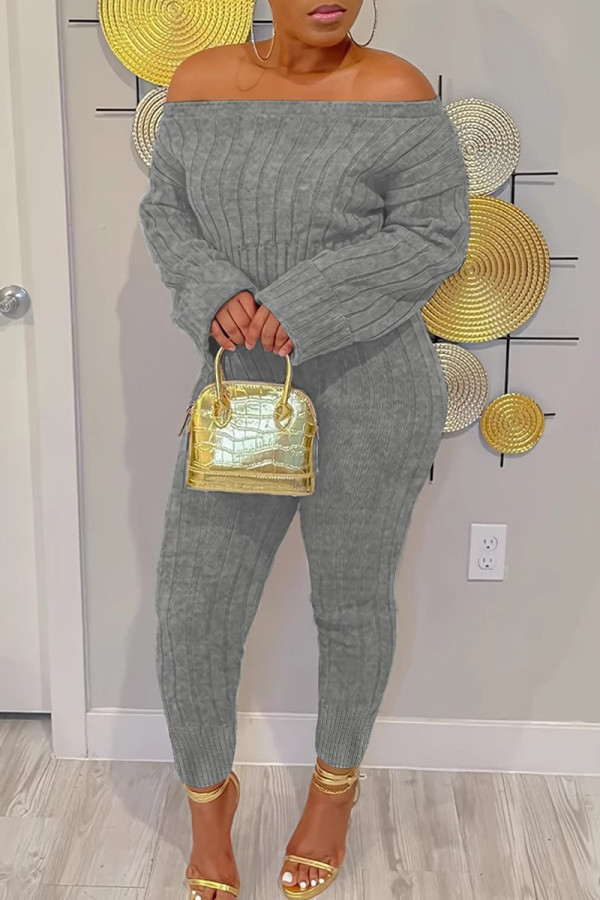 Grey Sexy Solid Color Patchwork Backless Off Shoulder Long Sleeve Two Pieces