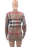 Khaki Casual Plaid Buckle Patchwork V Neck Outerwear