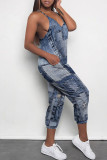 Blue Coffee Casual Street Faux Denim Print Pocket Contrast V Neck Jumpsuits