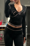 Black Casual Letters Patchwork Zipper Zipper Collar Long Sleeve Two Pieces
