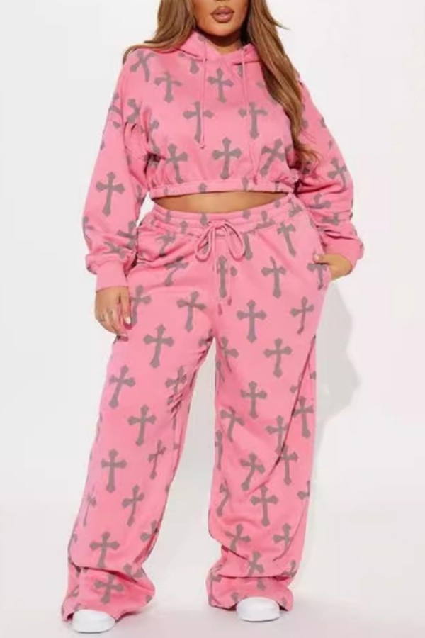 Pink Casual Print Basic Hooded Long Sleeve Two Pieces