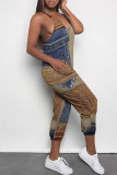 Blue Coffee Casual Street Faux Denim Print Pocket Contrast V Neck Jumpsuits