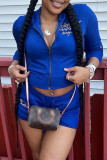 Royal Blue Casual Print Zipper Hooded Long Sleeve Two Pieces
