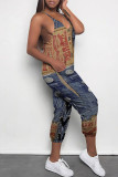 Blue Coffee Casual Street Faux Denim Print Pocket Contrast V Neck Jumpsuits