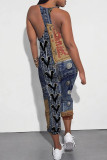 Blue Coffee Casual Street Faux Denim Print Pocket Contrast V Neck Jumpsuits