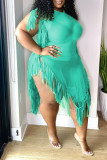 Black Sexy Solid Color Fringed Trim Patchwork See-Through V Neck Irregular Plus Size Dresses