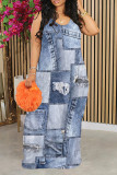 Multicolor Sexy Faux Denim Print Contrast U Neck Printed Dresses