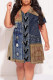 Dark Blue Casual Faux Denim Print Contrast V Neck Printed Plus Size Dresses