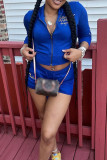 Royal Blue Casual Print Zipper Hooded Long Sleeve Two Pieces