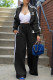 Black Casual Street Letter Print Stripe Patchwork Zipper Mandarin Collar Long Sleeve Two Pieces