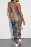 Blue Coffee Casual Street Faux Denim Print Pocket Contrast V Neck Jumpsuits