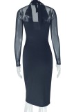 Black Sexy Solid Color Patchwork Halter Long Sleeve Dresses