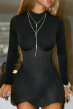 Black Casual Solid Color Patchwork O Neck Tops