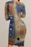 Baby Blue Casual Daily Faux Denim Print Contrast O Neck Printed Dresses