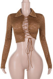 Brown Sexy Solid Color Lace Hollow Out Patchwork Cross Straps Asymmetrical Collar Tops