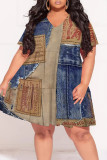 Multicolor Casual Faux Denim Print Contrast V Neck Printed Plus Size Dresses