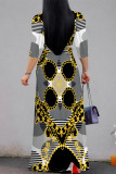 Dark Gray Casual Street Geometric Print Leopard Lace Up Contrast V Neck Printed Dresses